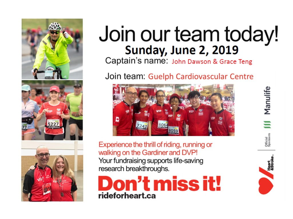 An infographic saying "Join our team today! Sunday, June 2, 2019. Captain's name: John Dawson & Grace Teng. Join team: Guelph Cardiovascular Centre. Experience the thrill of riding, running or walking on the Gardiner and DVP! Your fundraising supports life-saving research breakthroughs. Don't miss it! rideforheart.ca" along with photos of a bike rider giving a thumbs up, a runner running, and two people smiling at the camera. There is also a photo of a group of runners all facing the cameras and smiling. There is also the Heart & Stroke Foundation logo with "official sponsors" beside it, as well as the Manulife logo. 